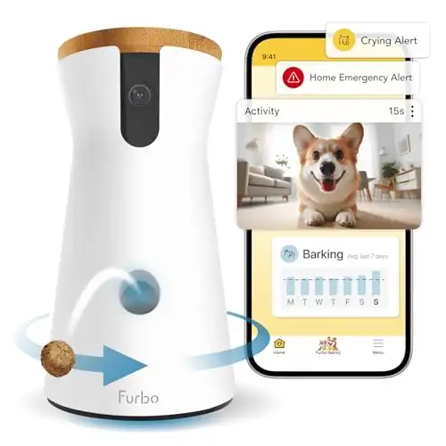 Furbo 360° Dog Camera + Nanny Bundle: Home Security & Dog Safety Alerts, Rotating Pet Treat Dispenser Camera with Speaker, Smart Home Indoor Cam w Phone App (Additional Subscription Required at S...