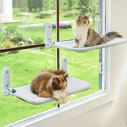 2PC Cat Window Perch Cordless Foldable Cat Hammock Bed for Window with Metal Frame and Reversible Cover, Large Suction Cups Window Resting Seat for Indoor Cats (Cat Bed, M-2PC)