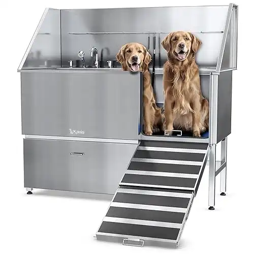 KANIS Professional Stainless Steel Dog Bathing Station - Dog Grooming Tub w/Ramp, Storage Drawer, Floor Grate & Faucet/Dog Bathtub for Large, Medium & Small Pets (61", Right RAMP - 1 Draw...