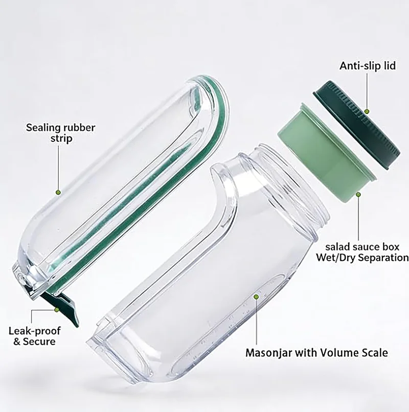 Side-open salad jar with its leakproof dressing cup, showing wet and dry ingredients kept separate
