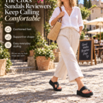 Woman sitting outdoors in a beige outfit wearing black Crocs platform sandals, with text that says “Pretty Sandals That Don’t Punish You for Wearing Them.”