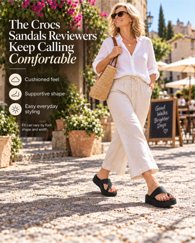 Woman sitting outdoors in a beige outfit wearing black Crocs platform sandals, with text that says “Pretty Sandals That Don’t Punish You for Wearing Them.”