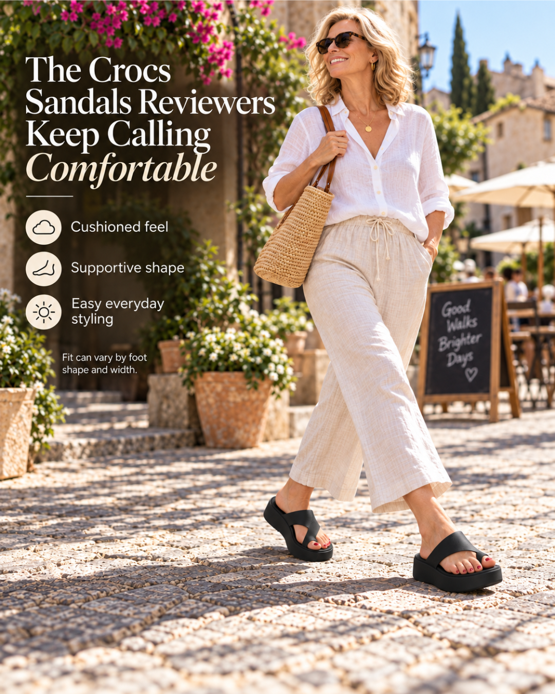 Woman sitting outdoors in a beige outfit wearing black Crocs platform sandals, with text that says “Pretty Sandals That Don’t Punish You for Wearing Them.”