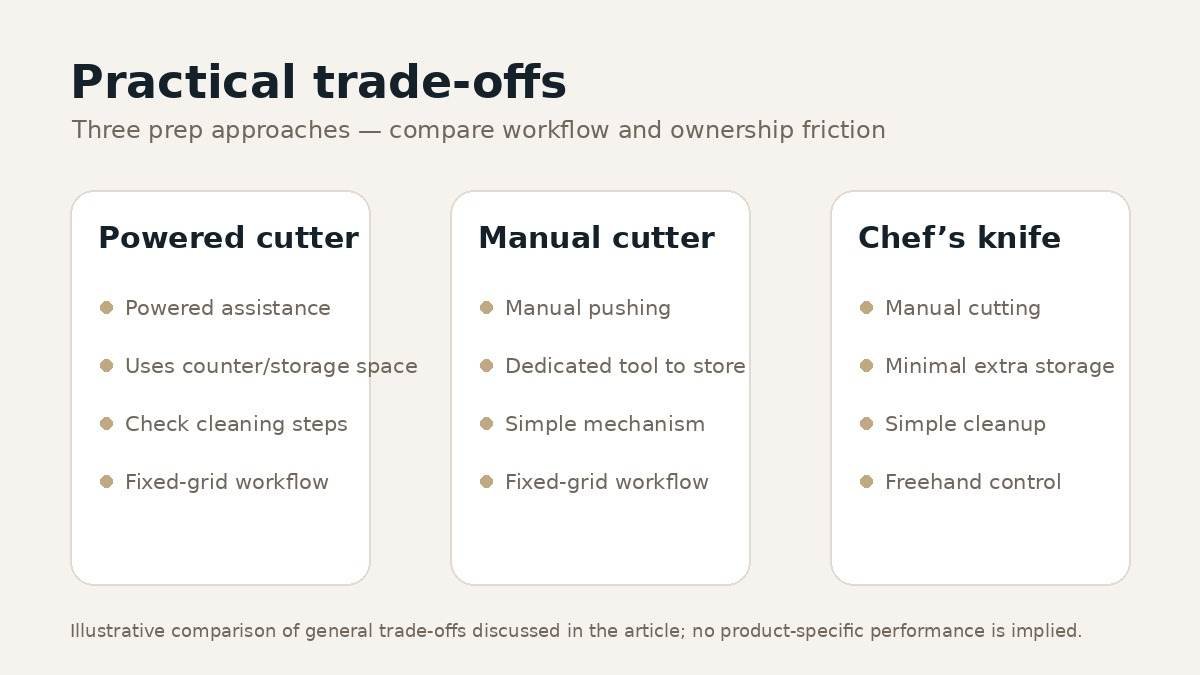 Editorial comparison graphic showing powered cutter, manual cutter and chef’s knife trade-offs for convenience, counter space, cleanup and control