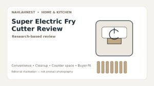 Editorial illustration for the Super Electric Fry Cutter review showing a neutral powered food-cutter concept with fries and prep context