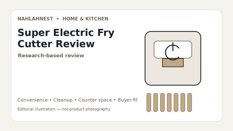 Editorial illustration for the Super Electric Fry Cutter review showing a neutral powered food-cutter concept with fries and prep context
